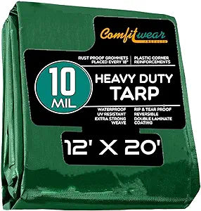 COMFITWEAR Super Heavy Duty 10 MIL Tarp Cover, Reinforced Grommet, Multi-Purpose Pool Cover, Boat Tarp Camping Tarp, UV Resistant, Tarpaulin Canopy Tent, Waterproof Tarp Cover, (Green-Black, 12x20)