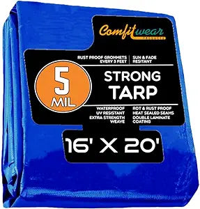 COMFITWEAR Blue Poly Tarp Cover, Water Proof Tent Shelter Camping RV Boat Tarpaulin(16' x 20')