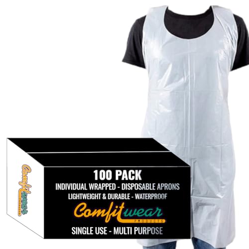 COMFITWEAR 100 Pack Box Large White Plastic Disposable Aprons Throw Away Waterproof Aprons Commercial or Household Use Hair Salon Spa Arts & Crafts Cooking Painting Work Apron Individually Wrapped