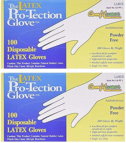 COMFITWEAR Disposable Latex Gloves, Powder Free Size Large, 200 Gloves (2 Boxes of 100 Gloves)