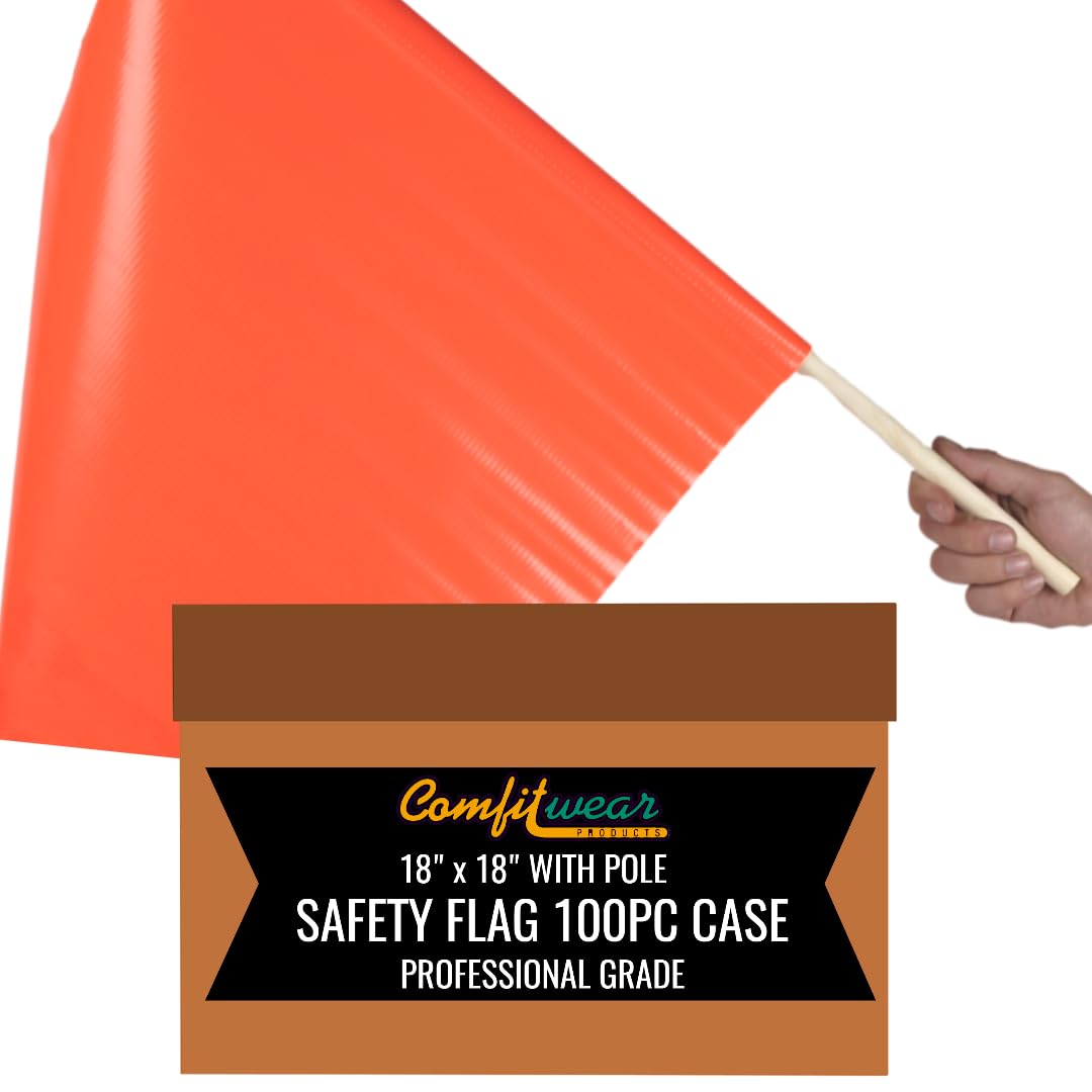 COMFITWEAR 100PC CASE Traffic Safety Warning Flags Construction Site Ready Fluorescent Red-Orange Vinyl Coated Nylon Flag 18” x 18” with Pole