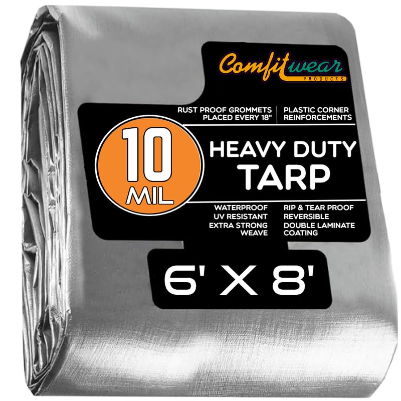 COMFITWEAR (6' x 8')Heavy Duty Silver/Black Waterproof UV Blocking 10 Mil Poly Tarp