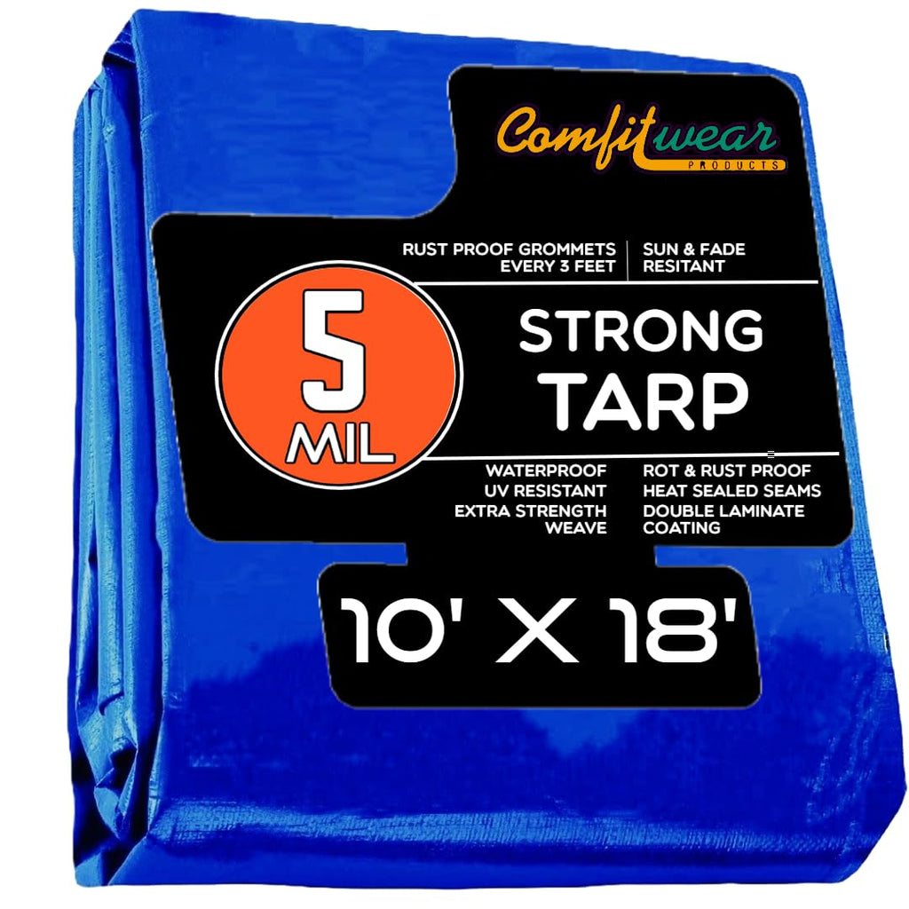 COMFITWEAR  Poly Tarp Cover, Water Proof Tent Shelter Camping RV Boat Tarpaulin(10' x 18', Blue)