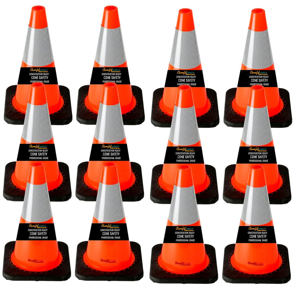 Comfitwear 18" Orange Traffic Cones 6" 3M Reflective Collars Construction Safety Playgrounds Street Safety (12, 18" - 6" Reflector)