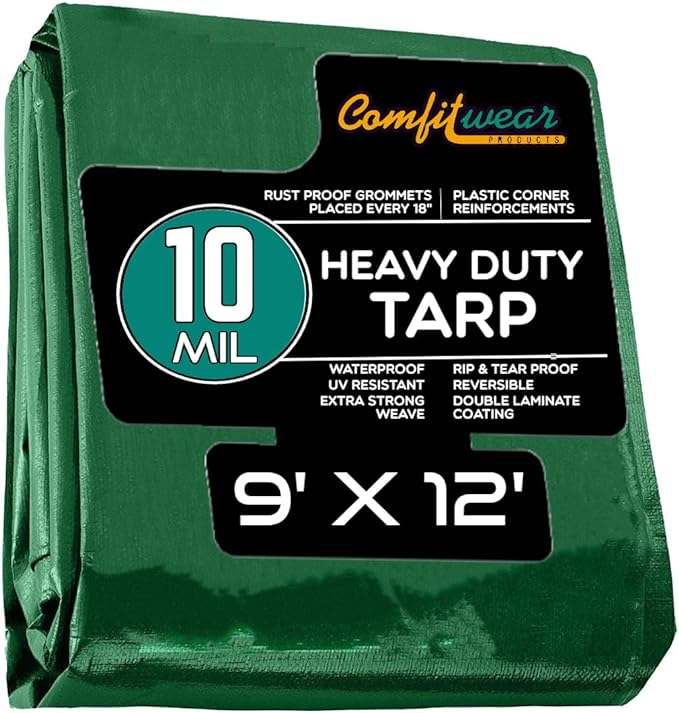 COMFITWEAR Super Heavy Duty Poly Tarp (Green-Black, 9' X 12')